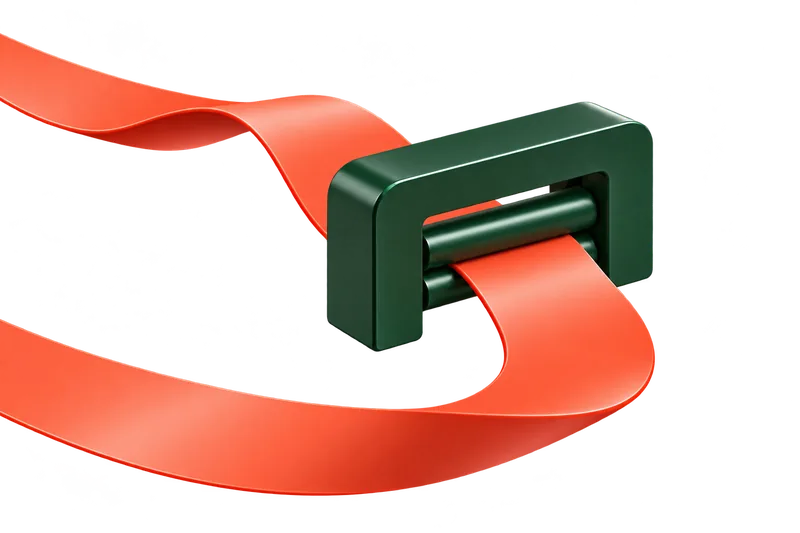 A coral ribbon passes between two rollers in a green guide and continues along a clear path.