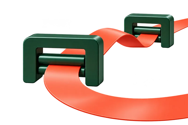 Two green guides support the same coral ribbon, keeping its path aligned.